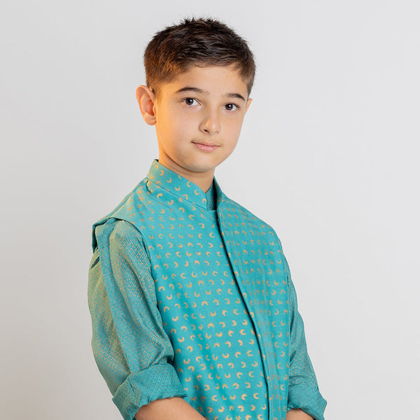Boys Kurta Pajama with Jacket | Cotton Muslin | Moon Design | Teal Blue