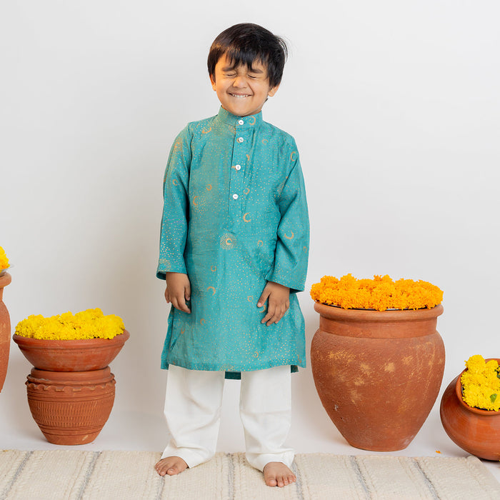 Cotton Muslin Kids Kurta Pajama Set | Moon Design | Teal Blue