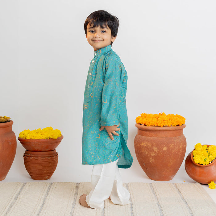 Cotton Muslin Kids Kurta Pajama Set | Moon Design | Teal Blue