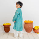 Cotton Muslin Kids Kurta Pajama Set | Moon Design | Teal Blue