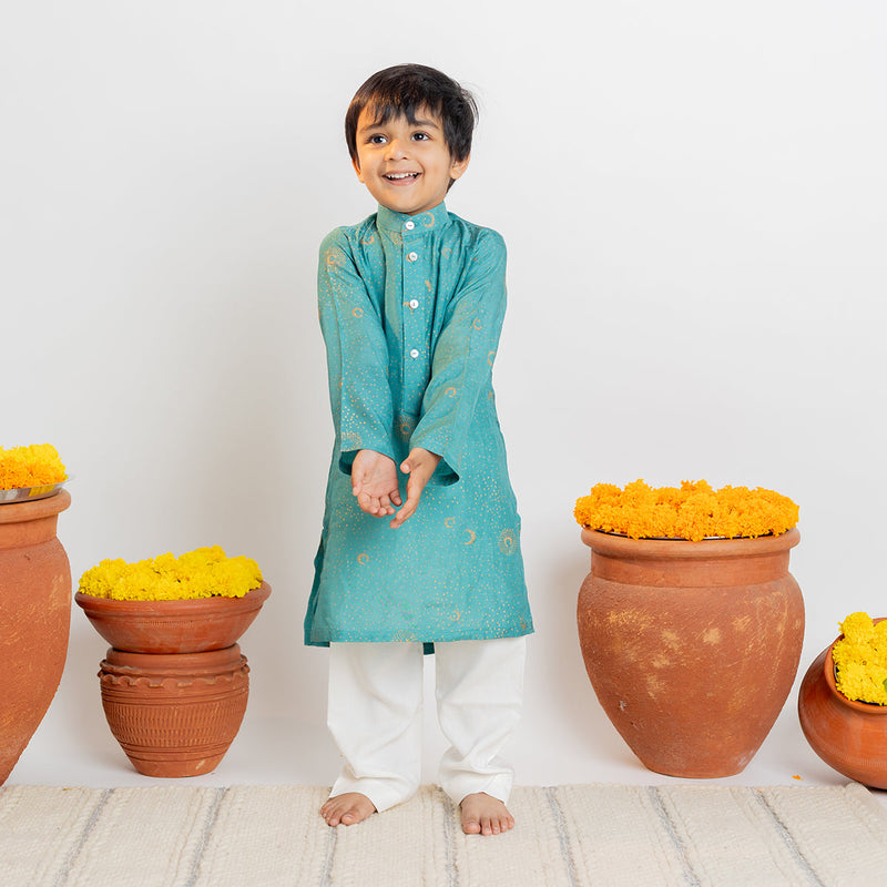 Cotton Muslin Kids Kurta Pajama Set | Moon Design | Teal Blue