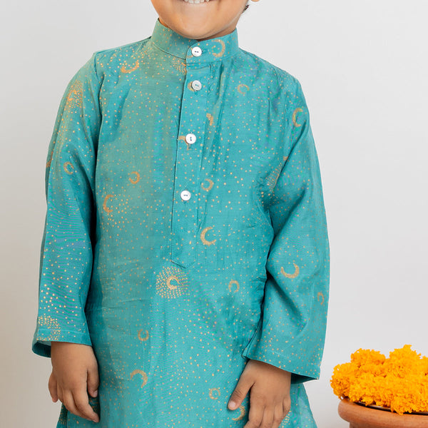 Cotton Muslin Kids Kurta Pajama Set | Moon Design | Teal Blue