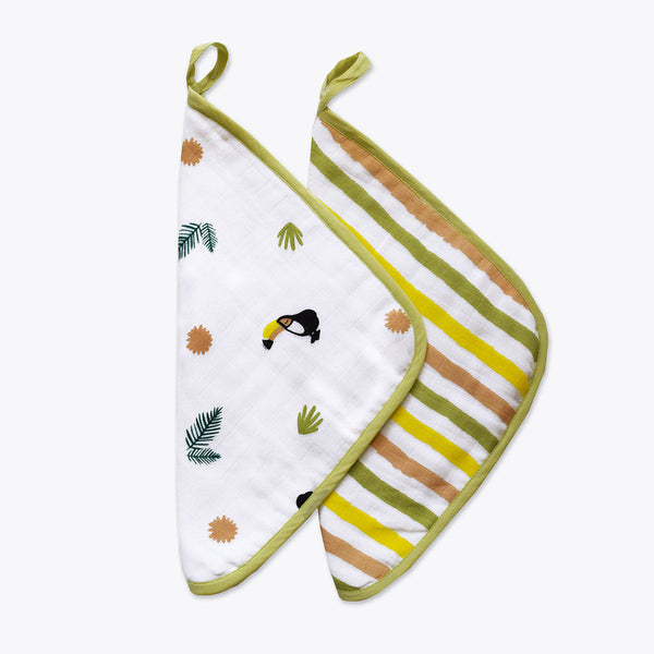 Organic Muslin Baby Washcloth | Tropical Print | Yellow | 28 x 28 cm | Set of 2