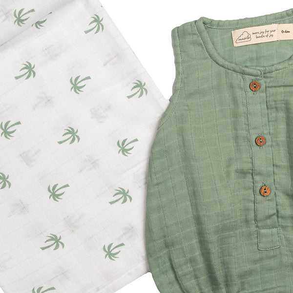 Baby Gift Set | Organic Cotton Muslin | Romper & Swaddle | Sage Green