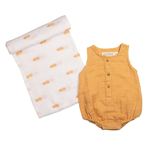 Baby Gift Set | Organic Cotton Muslin | Romper & Swaddle | White