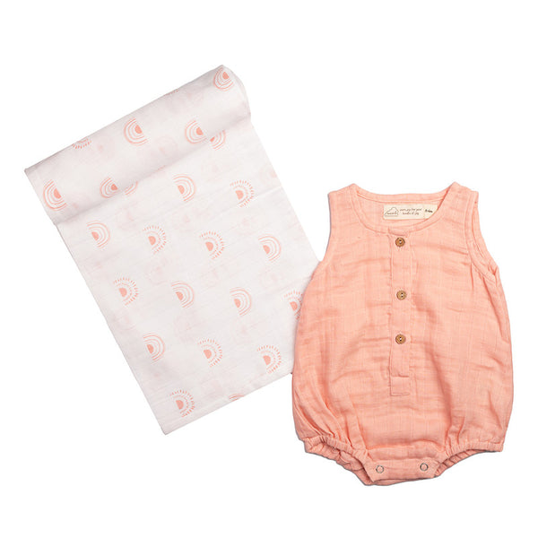 Baby Gift Set | Organic Cotton Muslin | Romper & Swaddle | Baby Pink