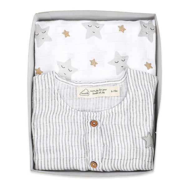 Newborn Baby Gift Pack | Baby Romper & Swaddle | Star Design | White.