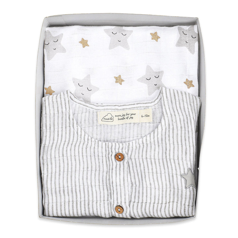 Newborn Baby Gift Pack | Baby Romper & Swaddle | Star Design | White.