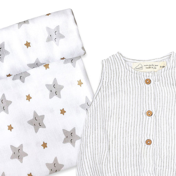 Newborn Baby Gift Pack | Baby Romper & Swaddle | Star Design | White.