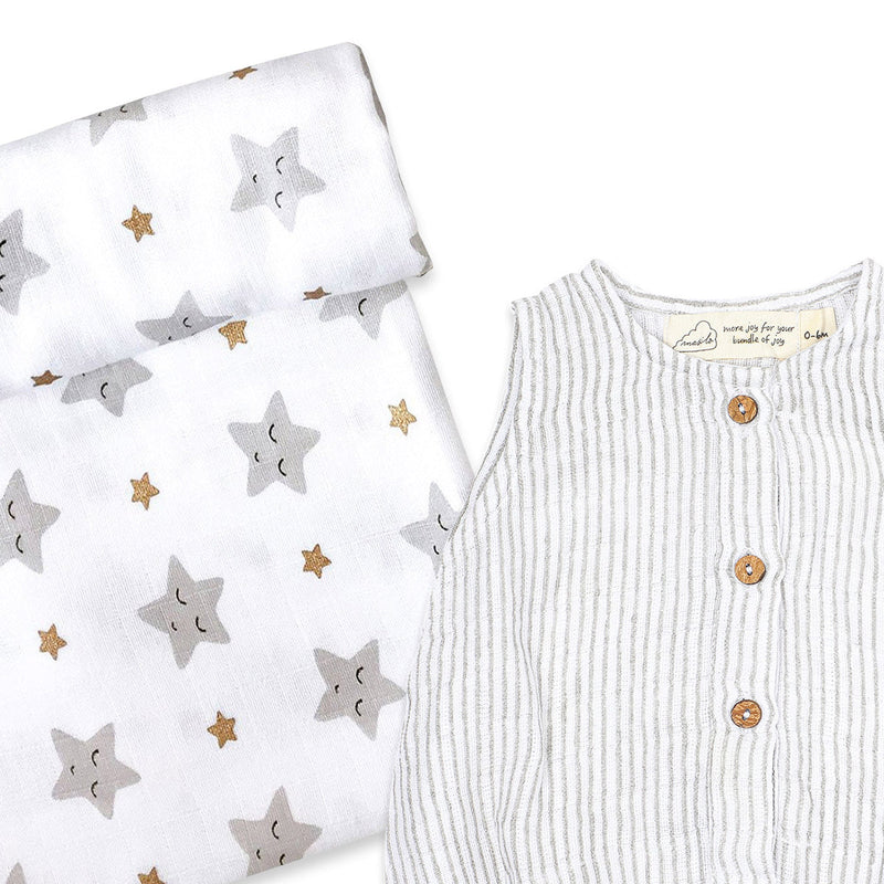 Newborn Baby Gift Pack | Baby Romper & Swaddle | Star Design | White.