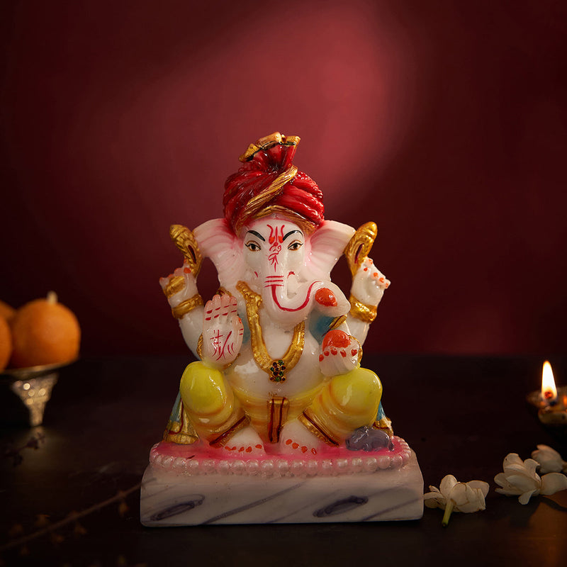 Lord Ganesh Idol | Marble Dust | Pagdi Style | White & Yellow | 11 cm