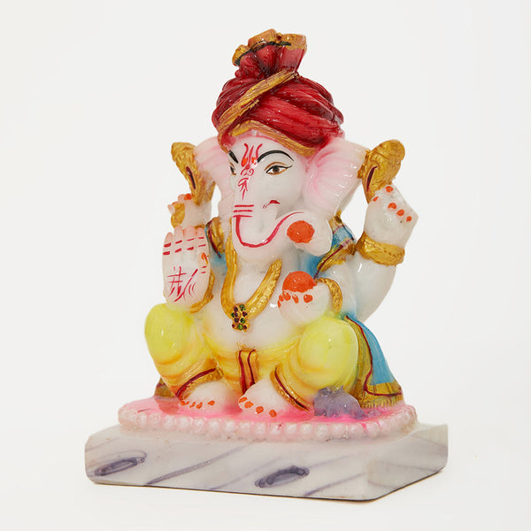 Lord Ganesh Idol | Marble Dust | Pagdi Style | White & Yellow | 11 cm