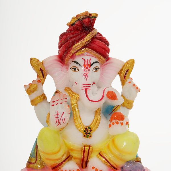 Lord Ganesh Idol | Marble Dust | Pagdi Style | White & Yellow | 11 cm