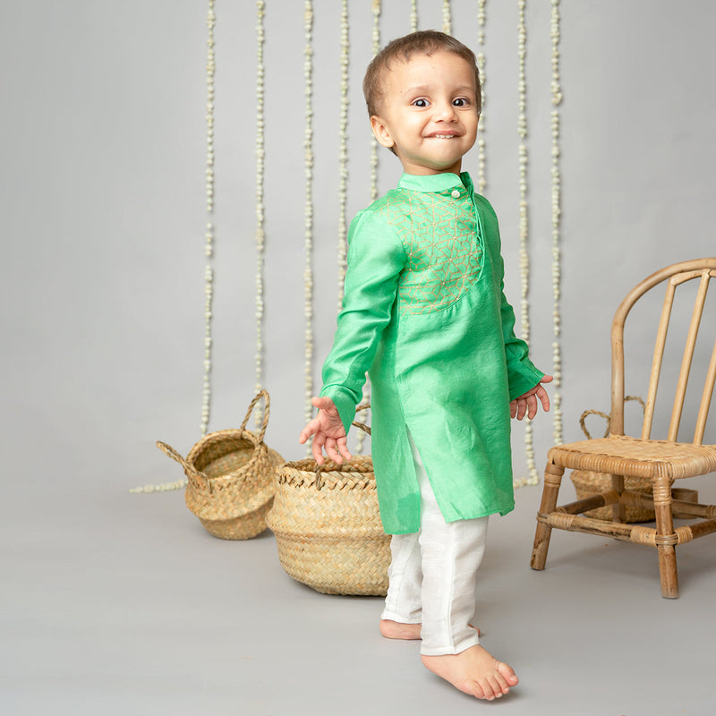 Kurta Pajama for Boys | Organic Cotton & Chanderi | Asymmetric Design | Green