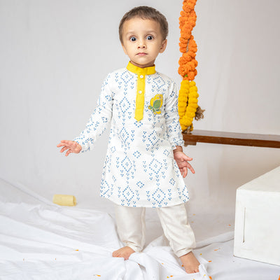 Boys Kurta Pajama | Organic Cotton & Chanderi | Bandhini Print | Blue