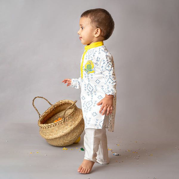 Boys Kurta Pajama | Organic Cotton & Chanderi | Bandhini Print | Blue