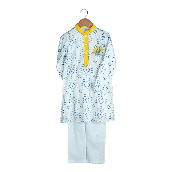 Boys Kurta Pajama | Organic Cotton & Chanderi | Bandhini Print | Blue