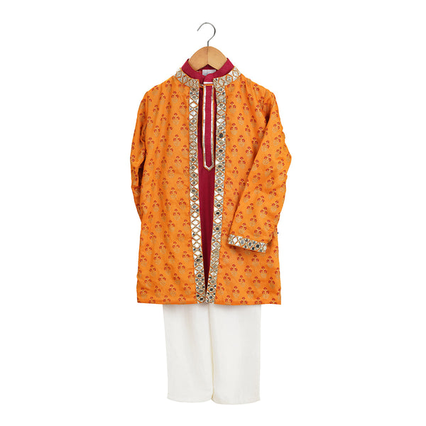 Sherwani Set for Boys | Organic Cotton & Chanderi | Embroidered | Orange