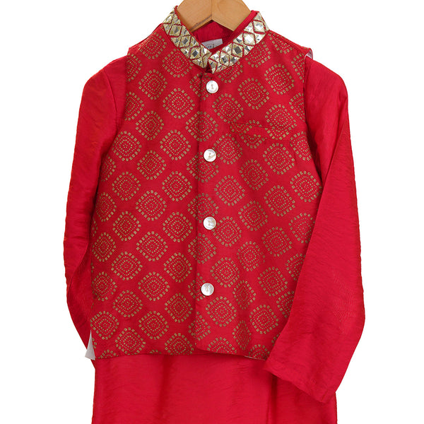 Kurta Pajama With Jacket For Boys | Organic Cotton & Chanderi | Mirror Work | Red