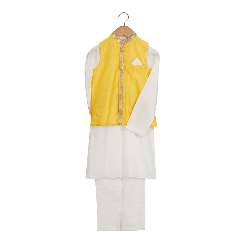 Kurta Pajama With Jacket For Boys | Organic Cotton & Chanderi | Embroidered | Yellow