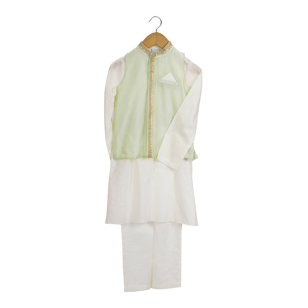 Kurta Pajama With Jacket For Boys | Organic Cotton & Chanderi | Embroidered | Green