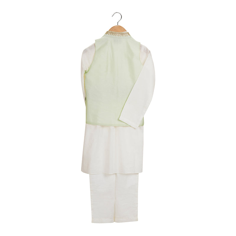 Kurta Pajama With Jacket For Boys | Organic Cotton & Chanderi | Embroidered | Green