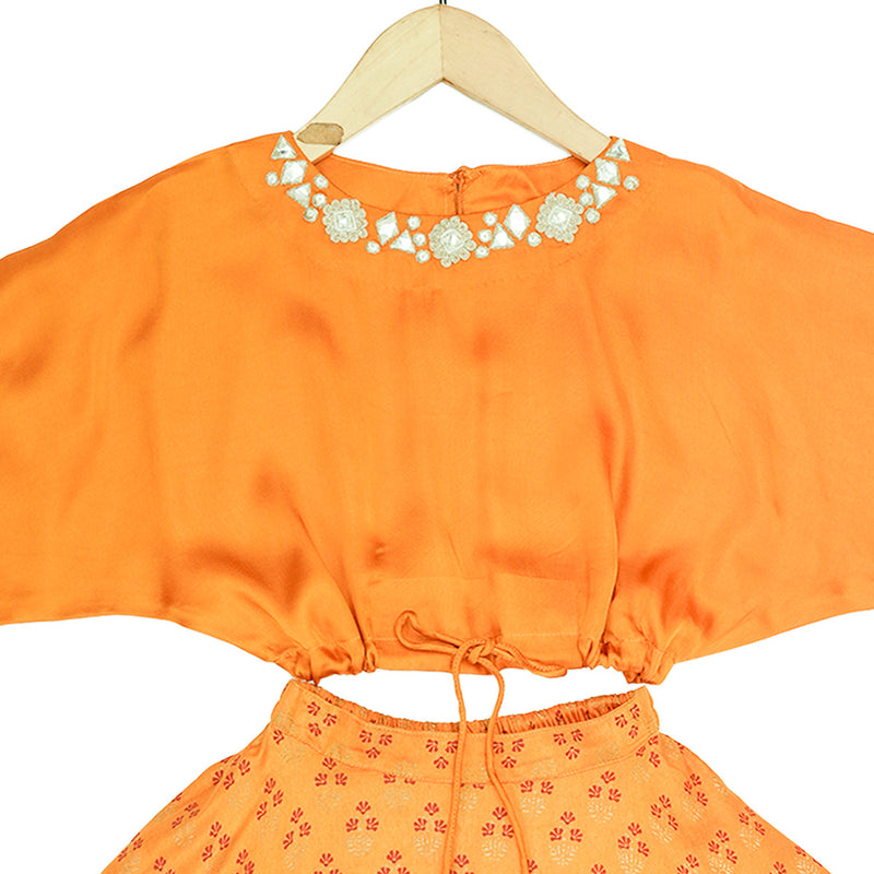 Girls Lehenga Set | Organic Cotton & Chanderi | Floral Print | Orange