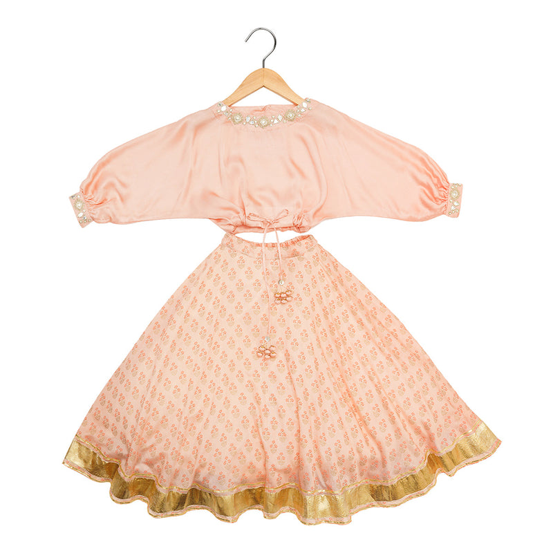 Lehenga Set for Girls | Organic Cotton & Chanderi | Floral Print | Pink