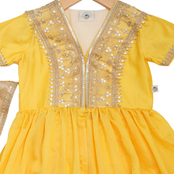 Kurta Set for Girls | Organic Cotton & Chanderi | Embroidered | Yellow