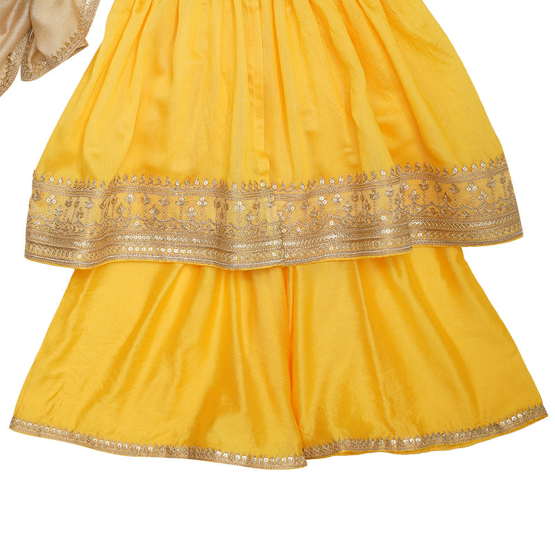 Kurta Set for Girls | Organic Cotton & Chanderi | Embroidered | Yellow