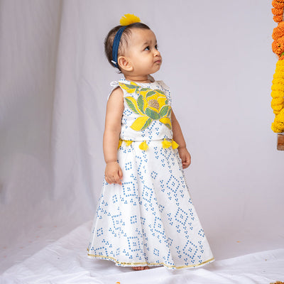 Lehenga Set for Girls | Organic Cotton & Chanderi | Bandhini Print | Blue
