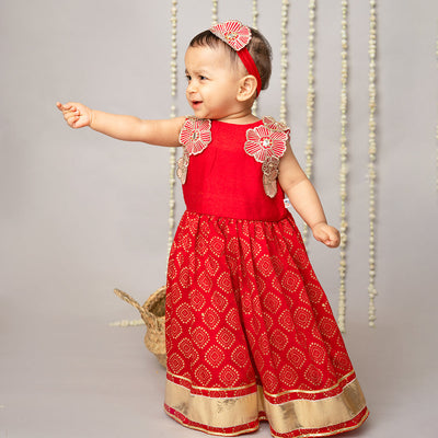 Lehenga Set for Girls | Organic Cotton & Chanderi | Floral Embroidered | Red