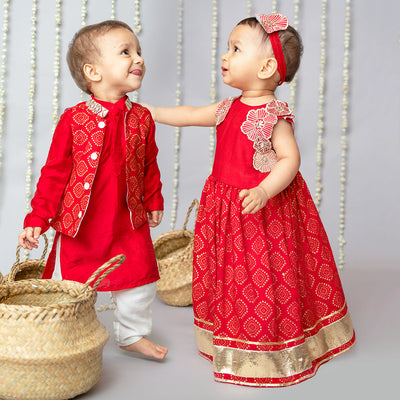 Lehenga Set for Girls | Organic Cotton & Chanderi | Floral Embroidered | Red