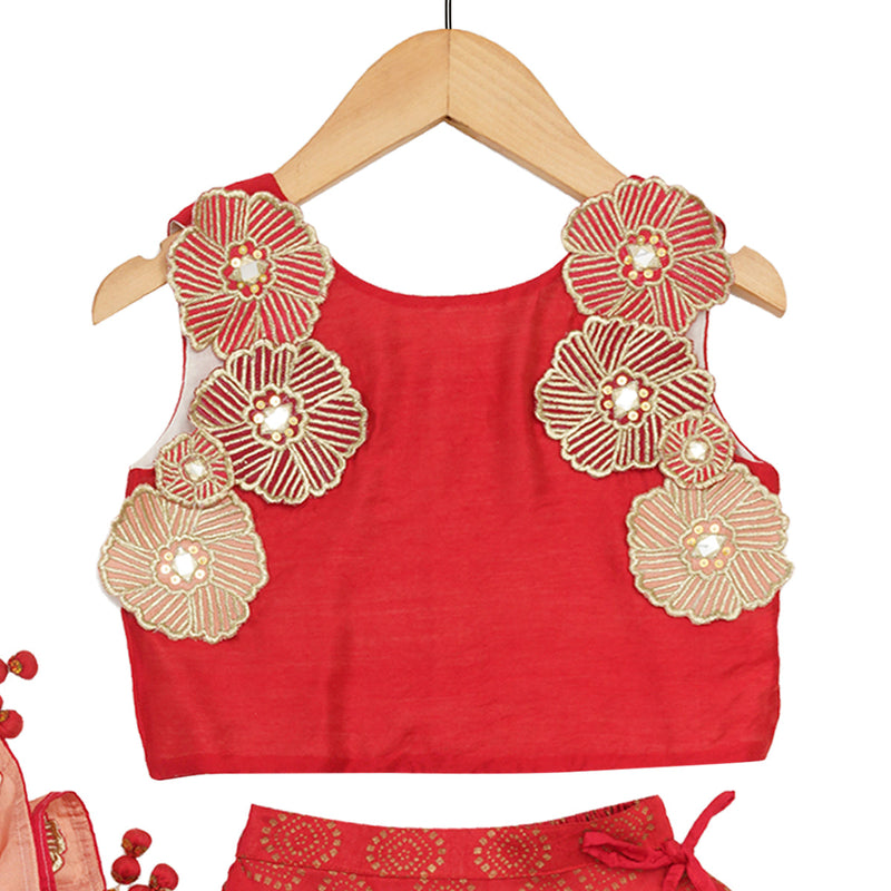 Lehenga Set for Girls | Organic Cotton & Chanderi | Floral Embroidered | Red