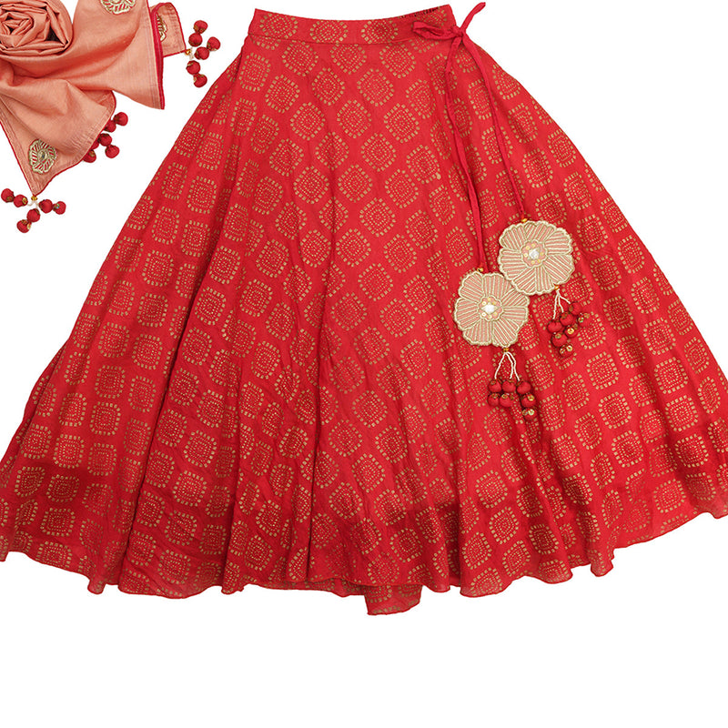 Lehenga Set for Girls | Organic Cotton & Chanderi | Floral Embroidered | Red