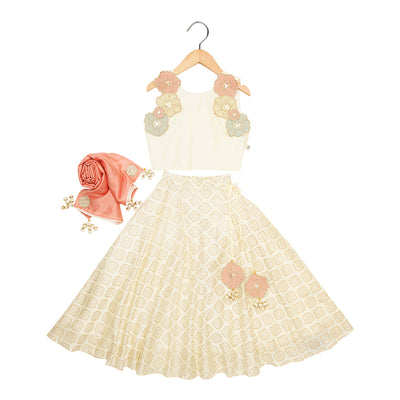 Girls Lehenga Set | Organic Cotton & Chanderi | Floral Embroidered | White