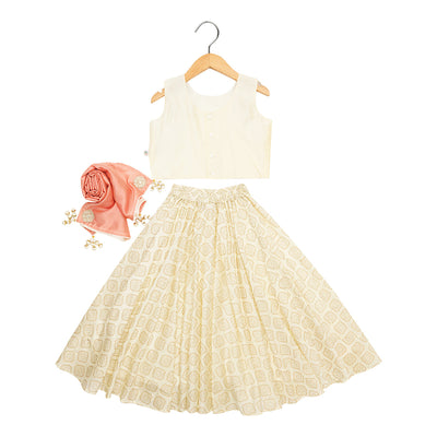 Girls Lehenga Set | Organic Cotton & Chanderi | Floral Embroidered | White