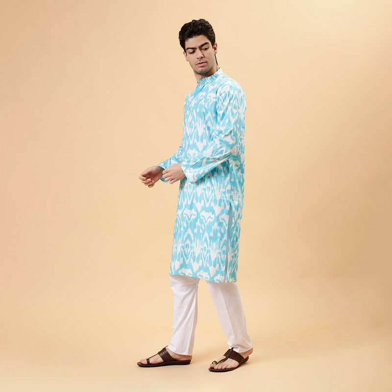 Cotton Ikat Print Kurta for Men | Blue | Full Sleeves