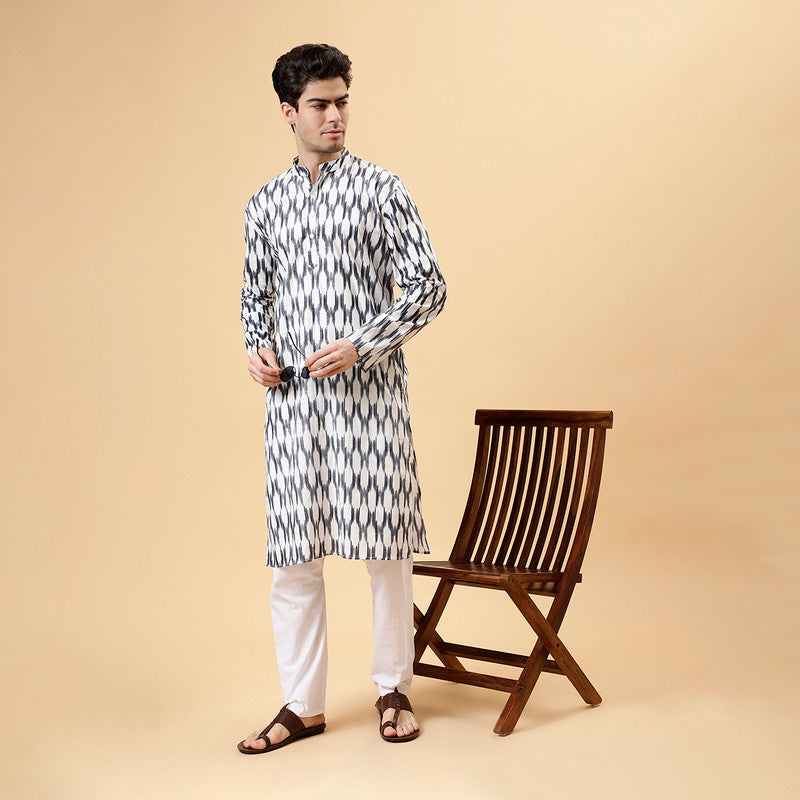 Ikat Cotton Kurta for Men | Smoke Grey | Full Sleeves