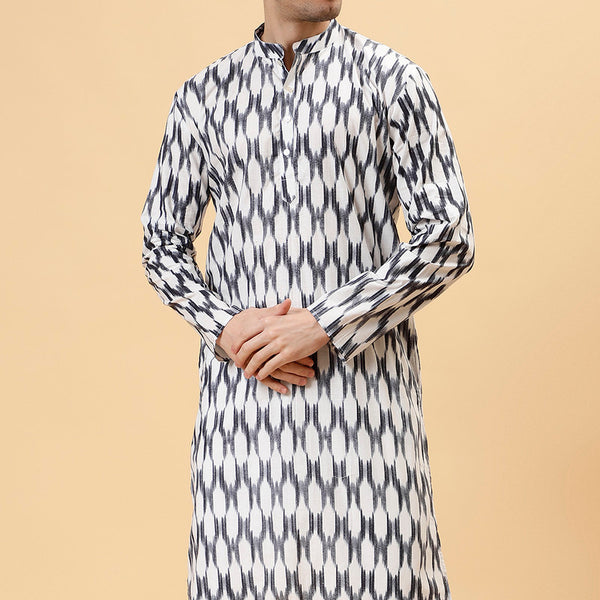 Ikat Cotton Kurta for Men | Smoke Grey | Full Sleeves