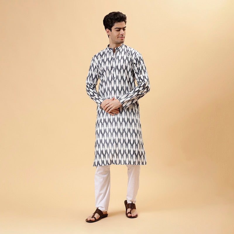 Ikat Cotton Kurta for Men | Smoke Grey | Full Sleeves