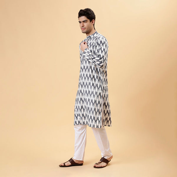 Ikat Cotton Kurta for Men | Smoke Grey | Full Sleeves