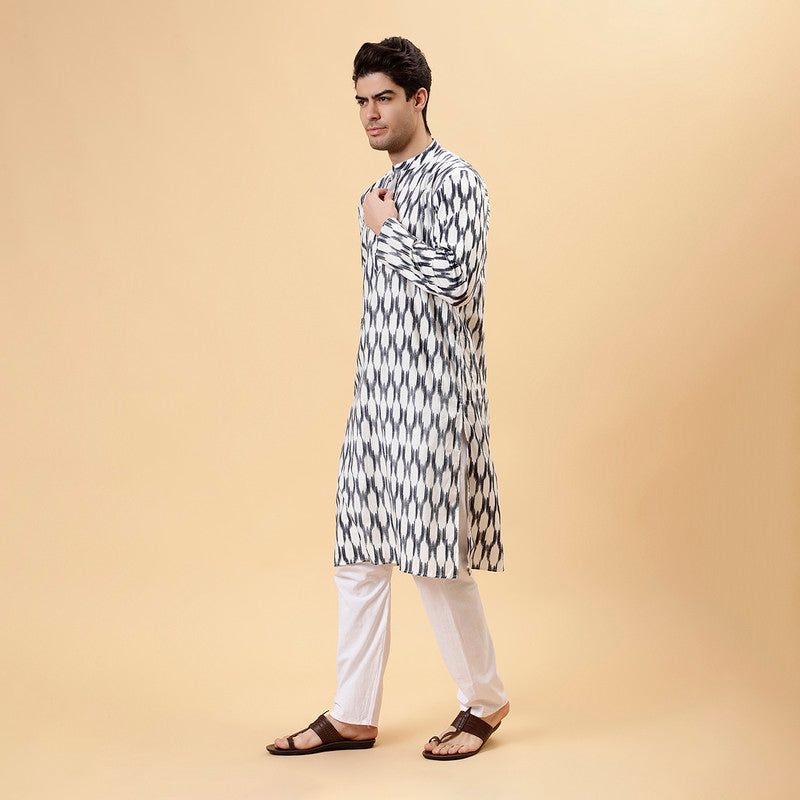 Ikat Cotton Kurta for Men | Smoke Grey | Full Sleeves