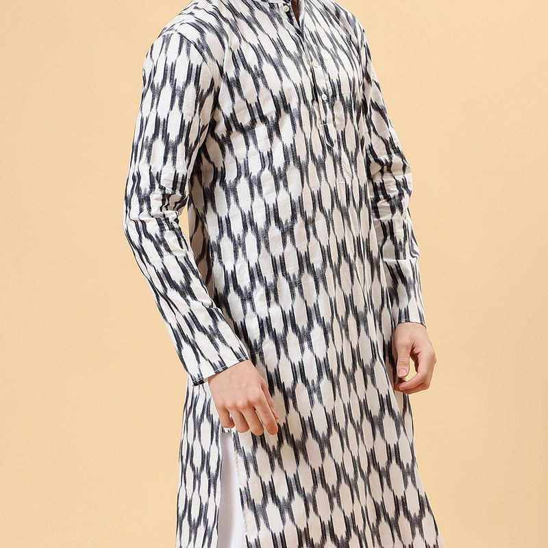 Ikat Cotton Kurta for Men | Smoke Grey | Full Sleeves