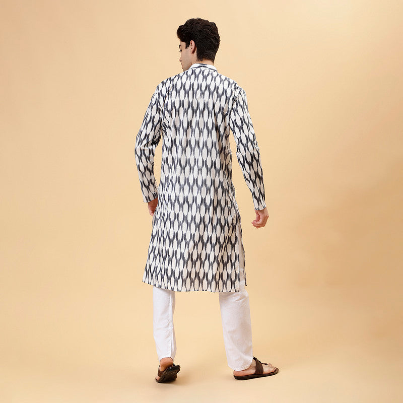 Ikat Cotton Kurta for Men | Smoke Grey | Full Sleeves