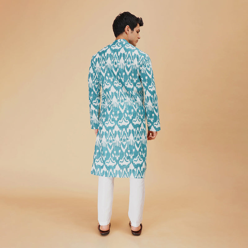 Cotton Kurta for Men | Ikat Print | Full Sleeves | Teal
