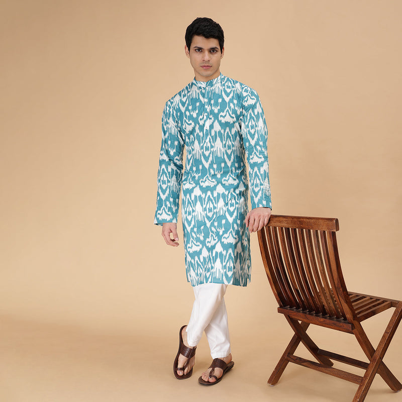 Cotton Kurta for Men | Ikat Print | Full Sleeves | Teal