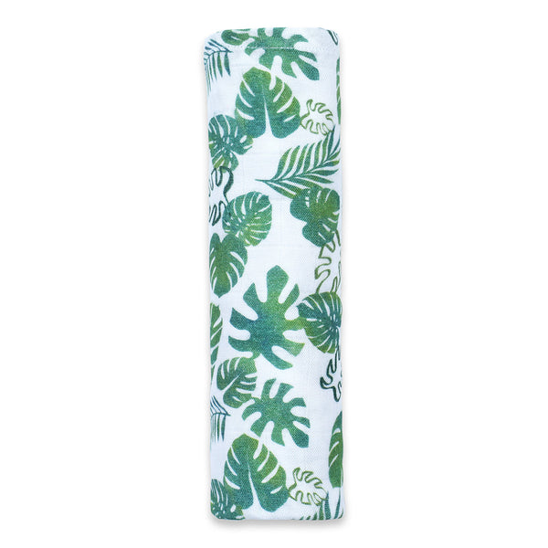 Newborn Baby Gifts | Baby Swaddle & Cushion | Tropical Leaf Design | White