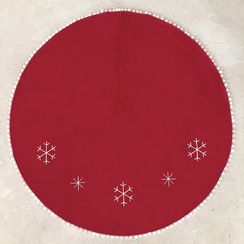 Christmas Tree Skirt | Cotton | Embroidered Snowflakes | Red | 40 Inches