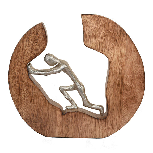 Table Decor Showpiece | Man Pushing Limits Sculpture | Brown & Silver | 27 cm